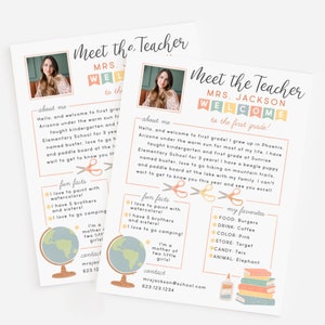 Plantilla editable de carta de presentación para conocer al maestro, formulario de regreso a clases, plantilla imprimible de jornada de puertas abiertas, útiles escolares para jardín de infantes y primaria.