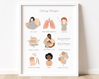 Neutral Calming Techniques Chart Illustration Poster| Calming Corner, Montessori, Education, Nursery, Classroom Poster| Download Printable
