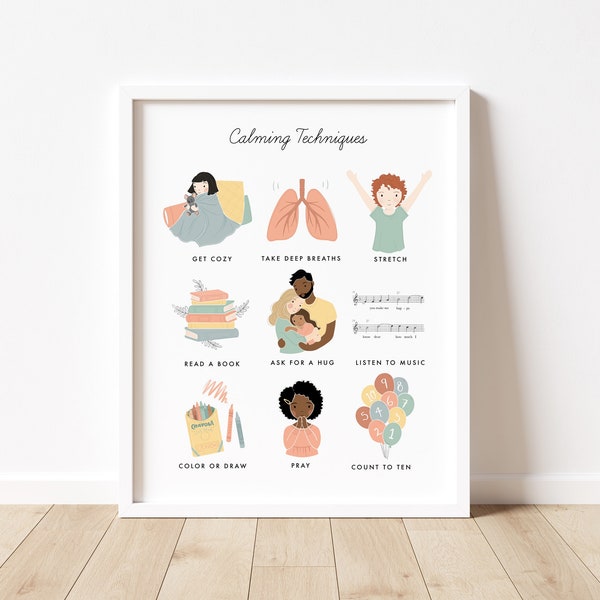 Calming Techniques Chart Illustration Poster| Calming Corner, Montessori, Education, Nursery, Classroom Poster| Download Printable Art |
