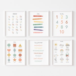 Educatieve muur kunst klas decor artwork, set van 6, homeschool montessori afdrukbaar, decor kinderkamer, digitale download artwork poster