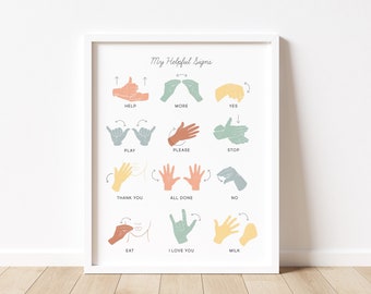 ASL Sign Language Manners & Basic Signs Color | Calming Corner Montessori Educational Homeschool Wall Art Classroom Decor Download Printable