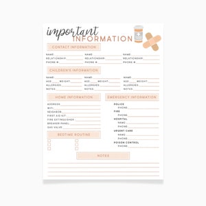Babysitter Information Sheet, Emergency Contact Info Template, Nanny Care Giver Notes, Babysitter Planner, Nanny Notes, Daycare Contact Info