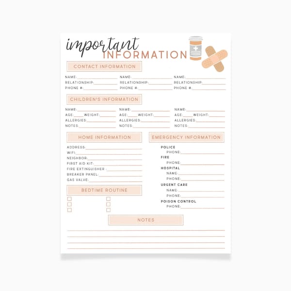 Babysitter Information Sheet, Emergency Contact Info Template, Nanny Care Giver Notes, Babysitter Planner, Nanny Notes, Daycare Contact Info