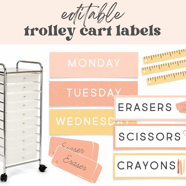 Teacher Rolling Trolley Cart Labels, Drawer Toolbox, Elementary Classroom Decor Organization, Boho Pastel Rainbow, Pre- K, Kindergarten