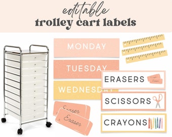 May include: A white metal rolling cart with 8 clear plastic drawers. The cart is labelled with colourful labels for classroom supplies, including "Erasers", "Scissors", "Crayons", and "Monday", "Tuesday", and "Wednesday".