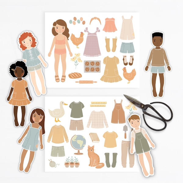Paper Dolls Homestead Homeschool Collection, Kindergarten Activity, Farm & Baking, Paper Cut Out Printable Dolls Craft, Morning Basket Pre K