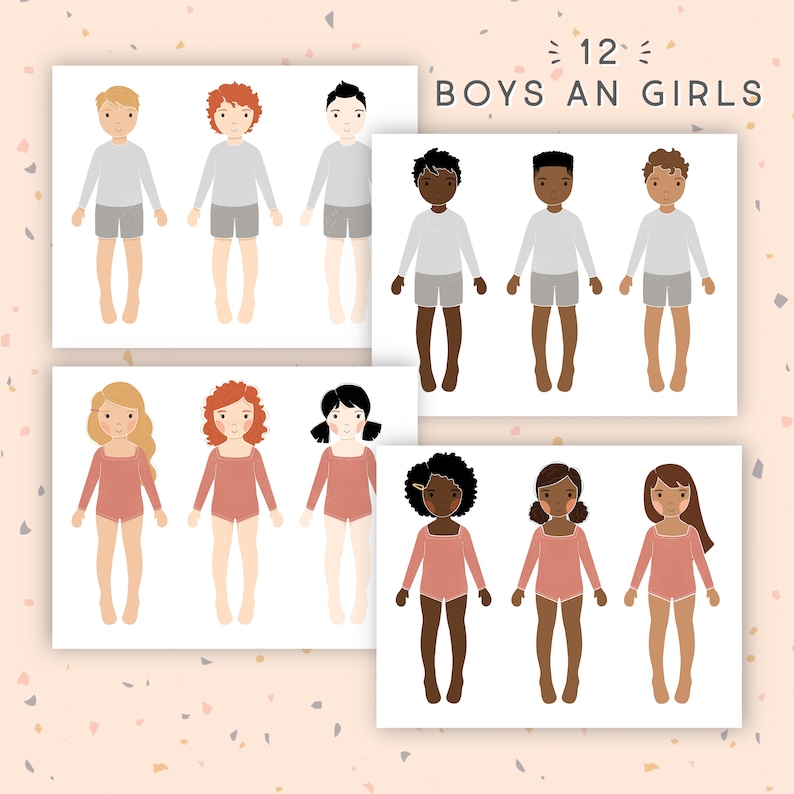 May include: Printable paper dolls with 12 different characters, including boys and girls with various skin tones and hair colors. The dolls are dressed in simple outfits and have blank faces for coloring or drawing.
