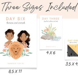 May include: Three printable illustrations of the creation story from the Bible. The illustrations are in a minimalist style with muted colors. The first illustration shows a black and gold design representing light and darkness. The second illustration shows a green plant growing from the ground. The third illustration shows a lion, a man, and a woman. The illustrations are available in three sizes: 8.5 x 11 inches, 4 x 6 inches, and 3.5 x 4.5 inches.
