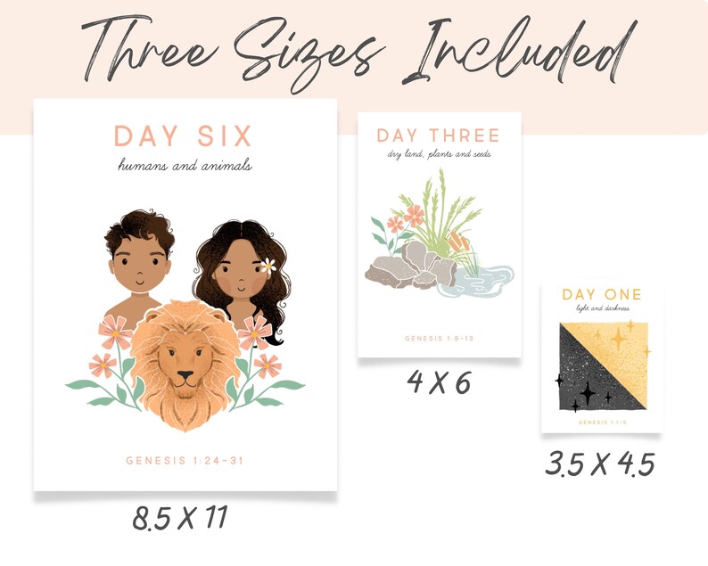 May include: Three printable illustrations of the creation story from the Bible. The illustrations are in a minimalist style with muted colors. The first illustration shows a black and gold design representing light and darkness. The second illustration shows a green plant growing from the ground. The third illustration shows a lion, a man, and a woman. The illustrations are available in three sizes: 8.5 x 11 inches, 4 x 6 inches, and 3.5 x 4.5 inches.