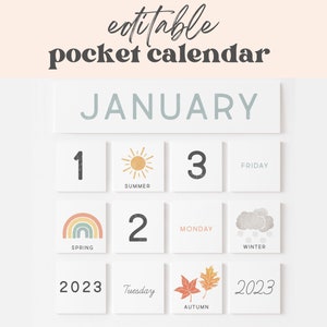 Pocket Calendar Inserts Classroom Decor Editable Months, Days, Seasons Cards Visual Schedule Chart Printable School Year 2022, 2023, 2024