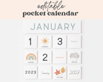 Pocket Calendar Inserts Classroom Decor Editable Months, Days, Seasons Cards Visual Schedule Chart Printable School Year 2022, 2023, 2024