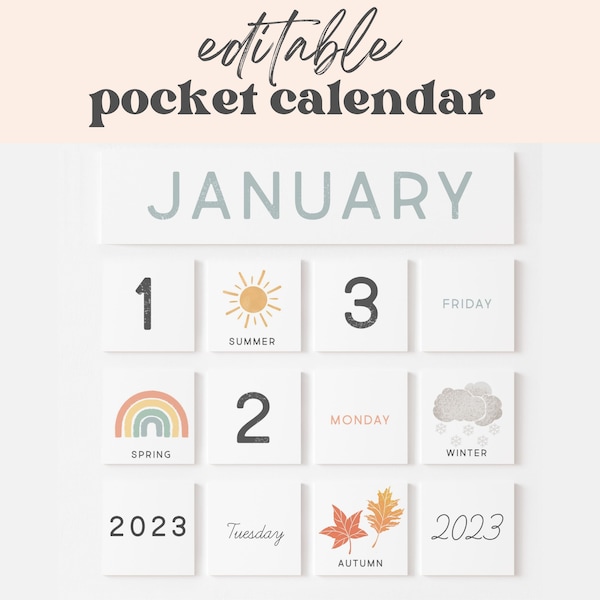 Pocket Calendar Inserts Classroom Decor Editable Months, Days, Seasons Cards Visual Schedule Chart Printable School Year 2022, 2023, 2024