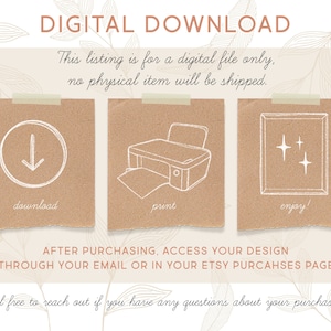 May include: Digital download illustration with three steps: download, print, and enjoy. The illustration is on a brown background with a white outline.