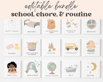 School, Chore, & Routine Cards Chart BUNDLE, Editable Visual Schedule | Kindergarten Preschool Homeschool Printable | Montessori