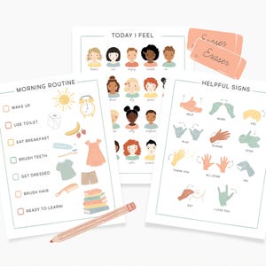 May include: A set of printable charts for children featuring a morning routine checklist, a feelings chart, and a sign language chart. The charts are illustrated with colorful cartoon characters and images.
