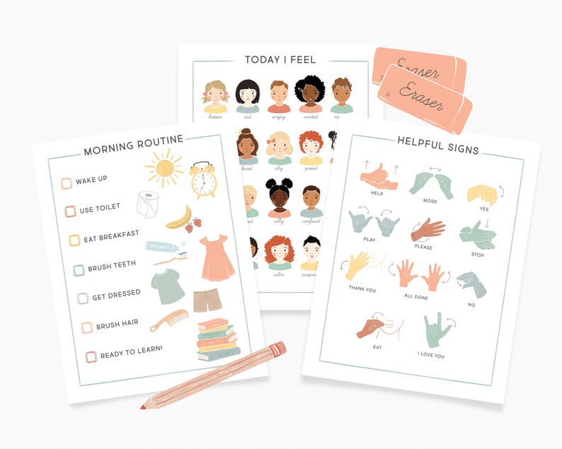 May include: A set of printable charts for children featuring a morning routine checklist, a feelings chart, and a sign language chart. The charts are illustrated with colorful cartoon characters and images.