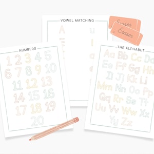 May include: Three printable worksheets for kids to practice writing numbers, the alphabet, and vowels. The worksheets are on white paper with colorful outlines of the letters and numbers. The worksheets are titled "Numbers", "The Alphabet", and "Vowel Matching".