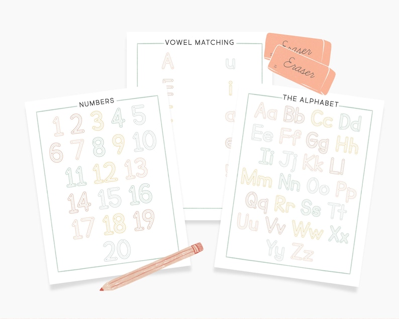 May include: Three printable worksheets for kids to practice writing numbers, the alphabet, and vowels. The worksheets are on white paper with colorful outlines of the letters and numbers. The worksheets are titled "Numbers", "The Alphabet", and "Vowel Matching".
