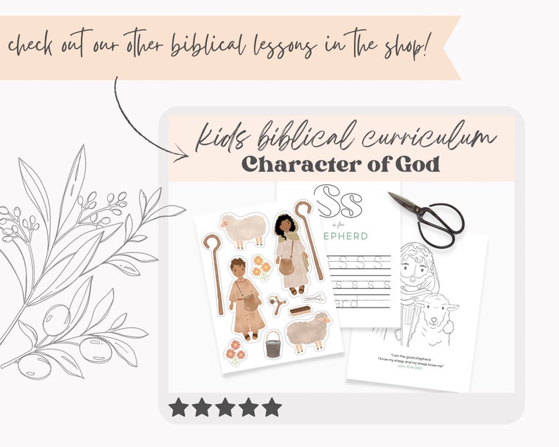 May include: A printable kids' biblical curriculum worksheet featuring the character of God as a shepherd. The worksheet includes a coloring page, a letter tracing activity, and cut-out pieces to create a shepherd doll.