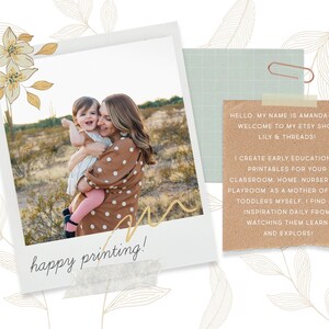 May include: A woman and a young child are smiling and hugging in a desert landscape. The woman is wearing a brown and white polka dot dress. The child is wearing a striped dress and pink tights. The text "happy printing!" is written on a piece of paper in the bottom left corner of the image. The text "HELLO, MY NAME IS AMANDA AND WELCOME TO MY ETSY SHOP LILY & THREADS! I CREATE EARLY EDUCATIONAL PRINTABLES FOR YOUR CLASSROOM, HOME, NURSERY OR PLAYROOM AS A MOTHER OF TWO TODDLERS MYSELF, I FIND MY INSPIRATION DAILY FROM WATCHING THEM LEARN AND EXPLORE!" is written on a piece of paper in the top right corner of the image.