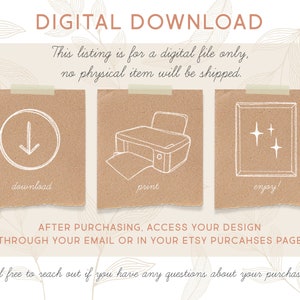 May include: Digital download graphic with text and illustrations. The text reads "DIGITAL DOWNLOAD" and "This listing is for a digital file only, no physical item will be shipped." Includes illustrations of a download arrow, a printer, and sparkling stars.