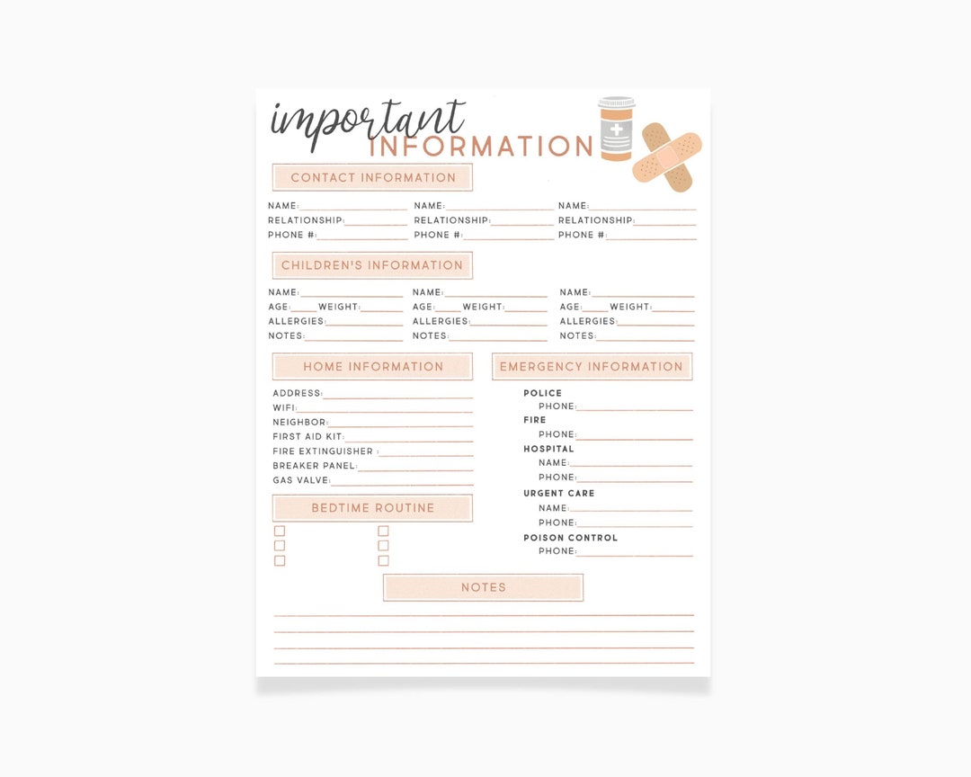Babysitter Information Sheet, Emergency Contact Info Template, Nanny Care Giver Notes, Babysitter Planner, Nanny Notes, Daycare Contact Info - Etsy babysitter-information-sheet-emergency-contact-info-template-nanny-care-giver-notes-babysitter-planner-nanny-notes-daycare-contact-info-etsy