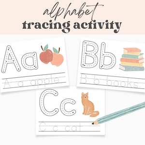 May include: Tracing alphabet activity cards with illustrations of an apple, books, and a cat. The cards have dotted lines for tracing the letters A, B, and C. The text on the cards reads "Aa apple", "Bb books", and "Cc cat".