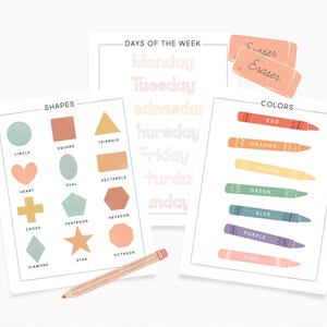 May include: Printable worksheets for learning shapes, colors, and days of the week. The worksheets feature colorful illustrations of geometric shapes, crayons, and the days of the week written in a whimsical font.