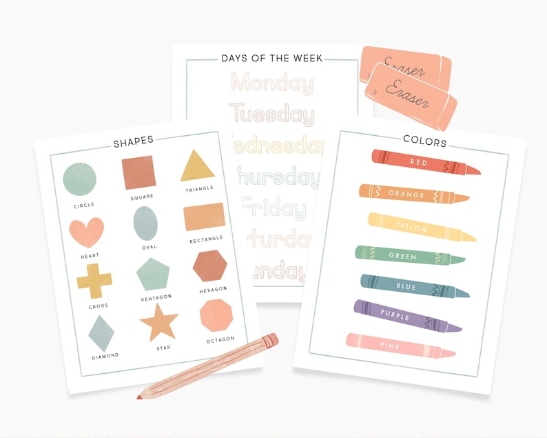 May include: Printable worksheets for learning shapes, colors, and days of the week. The worksheets feature colorful illustrations of geometric shapes, crayons, and the days of the week written in a whimsical font.