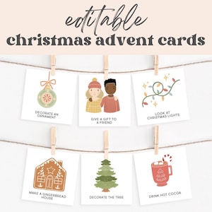 Calendario de Adviento imprimible y editable con tarjetas de actividades para Navidad, tarjetas de cuenta regresiva para niños, niños pequeños, educación en casa, cristianos, descarga imprimible