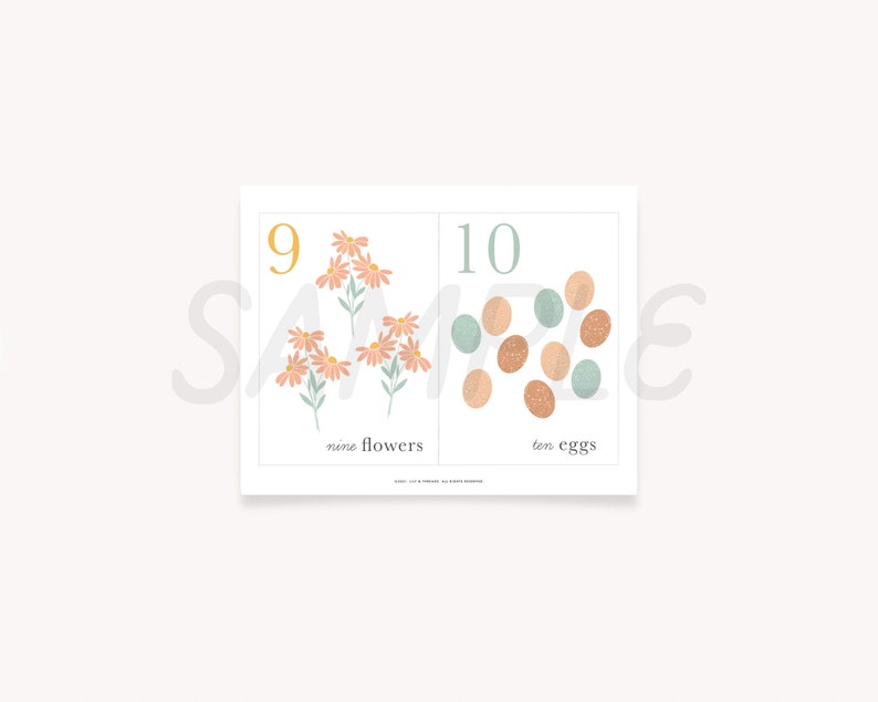 May include: A printable educational chart with two sections. The left side shows nine pink flowers with yellow centers and the number nine. The right side shows ten eggs in various shades of brown and blue and the number ten. The text below the flowers reads "nine flowers" and the text below the eggs reads "ten eggs".