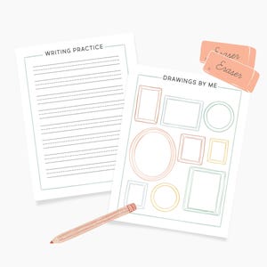 May include: A printable worksheet with two pages. The first page has the text "Writing Practice" at the top and is lined for writing practice. The second page has the text "Drawings by Me" at the top and has several empty frames for drawing. There are two pink erasers with the word "Eraser" written on them.
