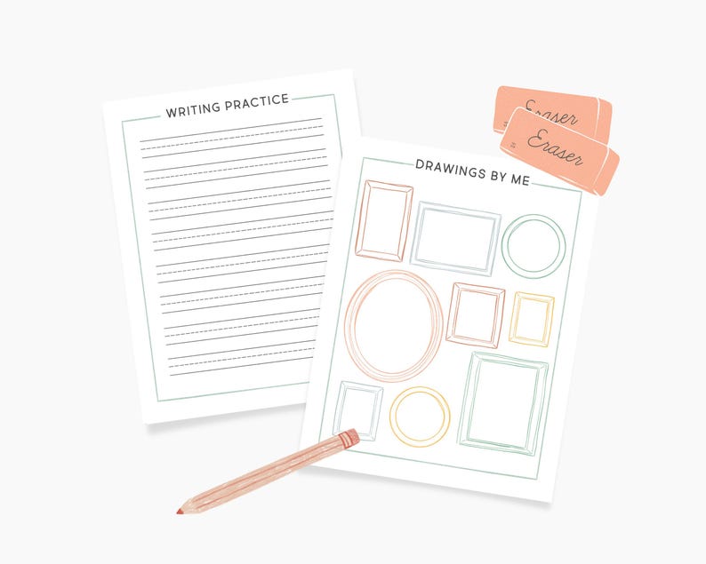 May include: A printable worksheet with two pages. The first page has the text "Writing Practice" at the top and is lined for writing practice. The second page has the text "Drawings by Me" at the top and has several empty frames for drawing. There are two pink erasers with the word "Eraser" written on them.