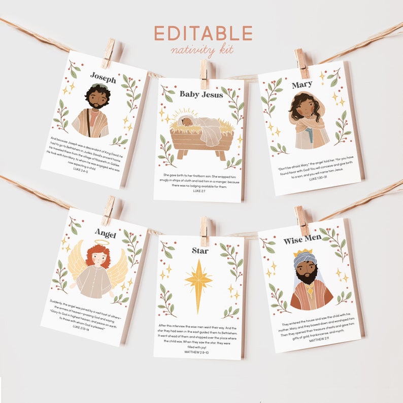 Editable Nativity Christmas Advent Scripture Cards Nativity Kids Activity Paper Dolls Homeschool Christian Bible Jesus Download PRINTABLE image 2