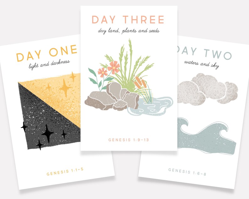 May include: Three illustrated cards with a white background and text. Each card represents a day of creation. Day One: light and darkness, Day Two: waters and sky, Day Three: dry land, plants and seeds. Each card includes a Bible verse reference.