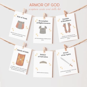 May include: A set of printable cards featuring illustrations of the armor of God, with scripture verses. The cards are white with gold stars and feature illustrations of a belt, breastplate, sandals, shield, helmet, and sword.