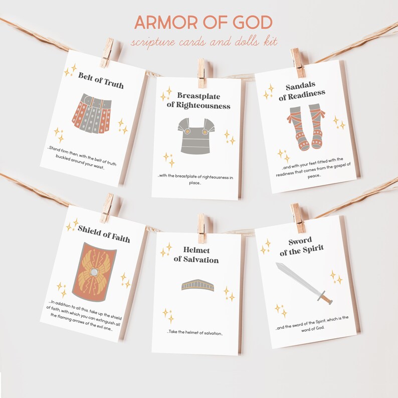 May include: A set of printable cards featuring illustrations of the armor of God, with scripture verses. The cards are white with gold stars and feature illustrations of a belt, breastplate, sandals, shield, helmet, and sword.