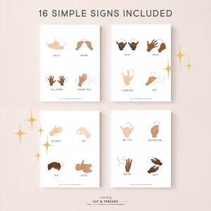 May include: A set of 16 printable cards featuring simple sign language illustrations. Each card shows a different sign with the corresponding word printed below. The signs include "help", "more", "play", "milk", "all done", "thank you", "I love you", "eat", "please", "no", "me too", "bathroom", "yes", "stop", "water", and "wait".