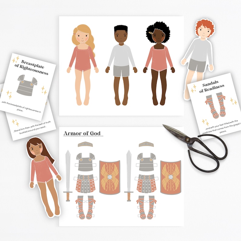 May include: A printable paper doll set featuring the Armor of God, with a shield, sword, breastplate, sandals, and helmet. The paper dolls are dressed in pink and gray and have different skin tones.