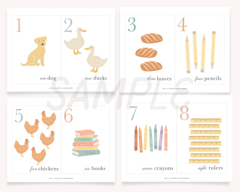 May include: A set of eight colorful flashcards with numbers 1 through 8, each featuring a different object and the corresponding quantity. The objects include a dog, ducks, loaves of bread, pencils, chickens, books, crayons, and rulers.