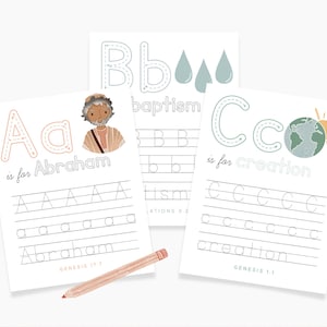 Tarjetas de trazo de las Escrituras del alfabeto ABC, actividad de versículos bíblicos, educación en casa para jardín de infantes, práctica de trazo de letras de escritura a mano para preescolar, lección bíblica