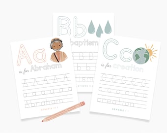 Alphabet ABC Scripture Tracing Cards, Bible Verse Activity, Homeschool Kindergarten, Pre-K Handwriting Letter Tracing Practice, Bible Lesson