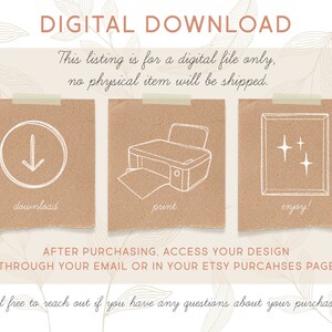 May include: Digital download illustration with three steps: download, print, and enjoy. The illustration is on a brown background with a white outline.