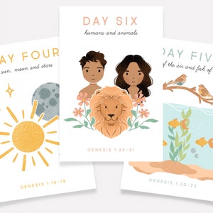 May include: Three illustrated cards depicting the creation story from the Bible. The first card shows a yellow sun, a gray moon, and stars. The second card shows a man and woman with a lion in the background. The third card shows a blue sky with birds and fish in the water. Each card includes the text "DAY", the day number, and a description of what was created on that day. The cards also include the Bible verse from Genesis that corresponds to the day.