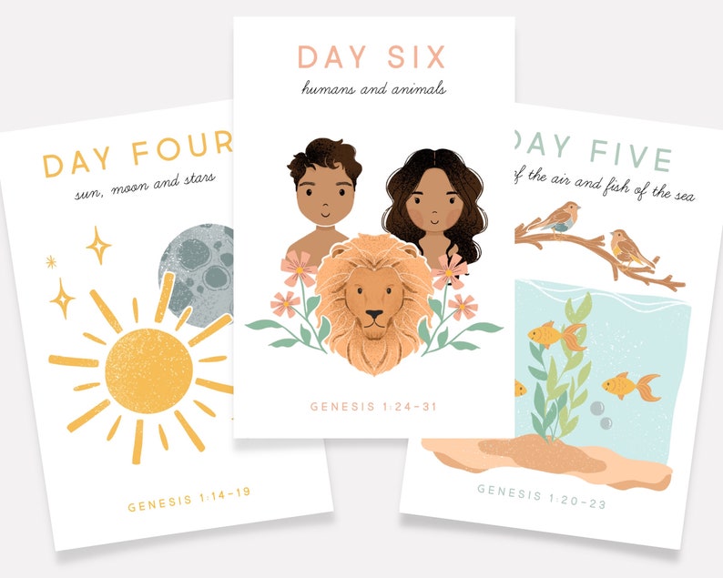 May include: Three illustrated cards depicting the creation story from the Bible. The first card shows a yellow sun, a gray moon, and stars. The second card shows a man and woman with a lion in the background. The third card shows a blue sky with birds and fish in the water. Each card includes the text "DAY", the day number, and a description of what was created on that day. The cards also include the Bible verse from Genesis that corresponds to the day.