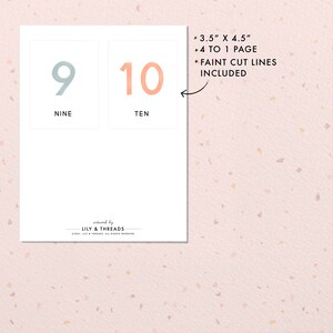 May include: Printable number cards for a party or classroom. The cards feature the numbers 9 and 10 in a light blue and peach color. The cards are 3.5 inches by 4.5 inches and include faint cut lines.
