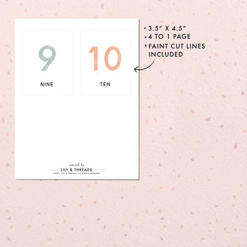May include: Printable number cards for a party or classroom. The cards feature the numbers 9 and 10 in a light blue and peach color. The cards are 3.5 inches by 4.5 inches and include faint cut lines.