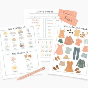 May include: Printable worksheet for kids to track the day of the week, date, weather, and season. The worksheet includes a calendar, weather icons, and clothing items to choose from.