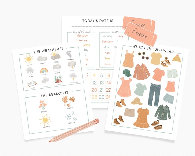 May include: Printable worksheet for kids to track the day of the week, date, weather, and season. The worksheet includes a calendar, weather icons, and clothing items to choose from.