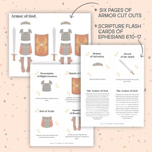 May include: A printable set of paper cutouts for creating an armor of God craft. The set includes six pages of armor pieces, including a helmet, breastplate, shield, belt, sandals, and sword. The set also includes scripture flash cards with verses from Ephesians 6:10-17.